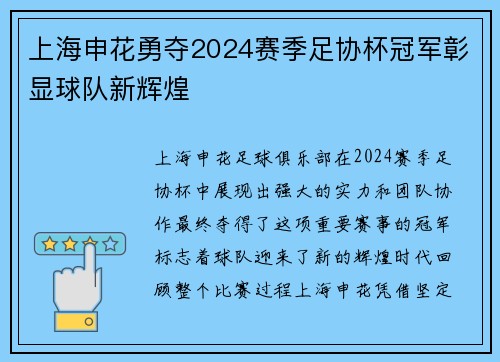 上海申花勇夺2024赛季足协杯冠军彰显球队新辉煌