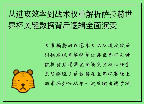 从进攻效率到战术权重解析萨拉赫世界杯关键数据背后逻辑全面演变